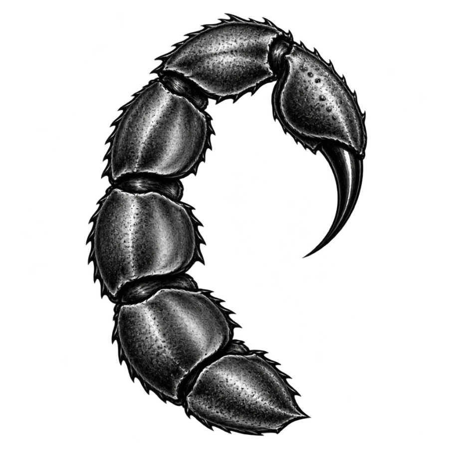 Black and grey realism tattoo of a curled scorpion tail seen close up