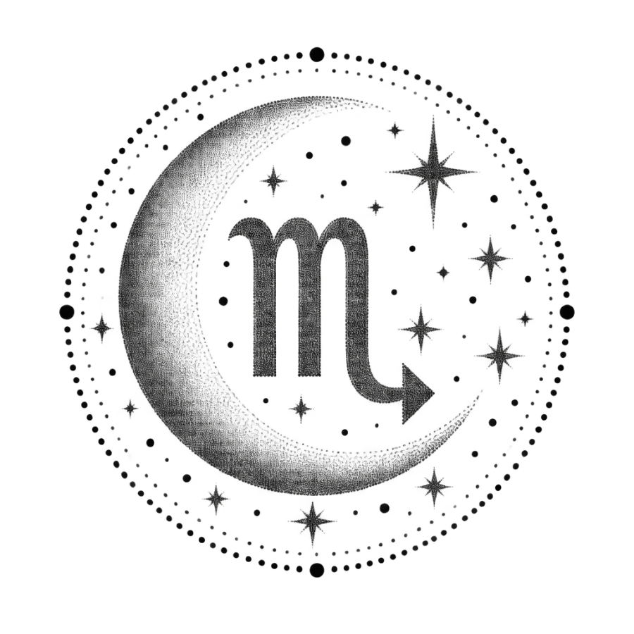 Dotwork tattoo medallion of the Scorpio glyph over a stippled crescent moon