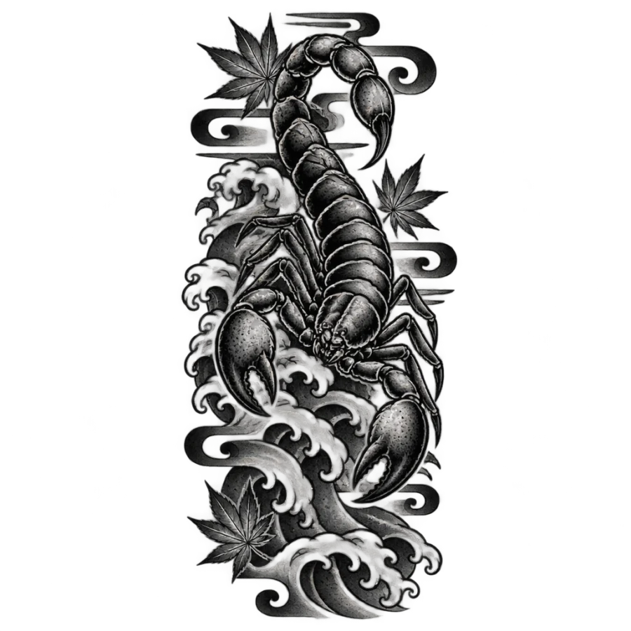 Japanese irezumi tattoo of a scorpion climbing over waves and maple leaves