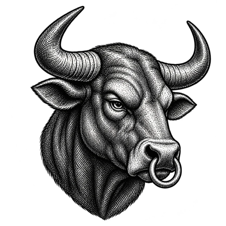 Engraved Taurus tattoo design of a bull head with curved horns