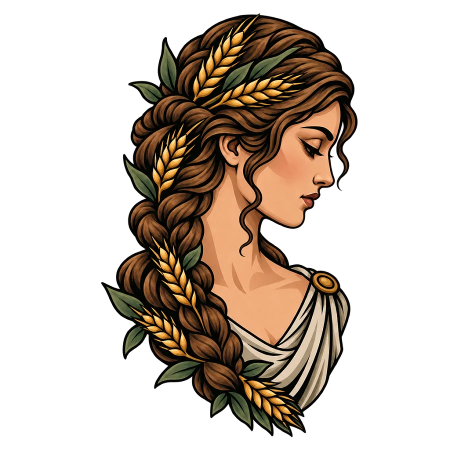 Neo traditional tattoo of the Virgo maiden in profile with wheat braids