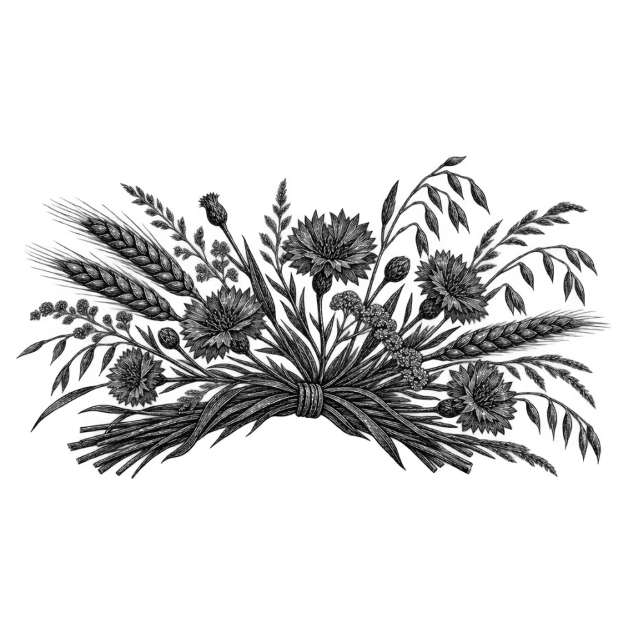 Engraving style tattoo of wheat, cornflowers and wild grasses in a wide bundle