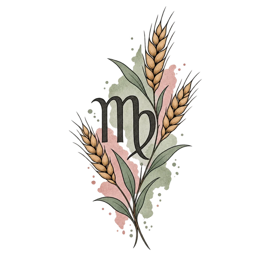 Watercolor tattoo of the Virgo glyph and wheat with sage and rose washes