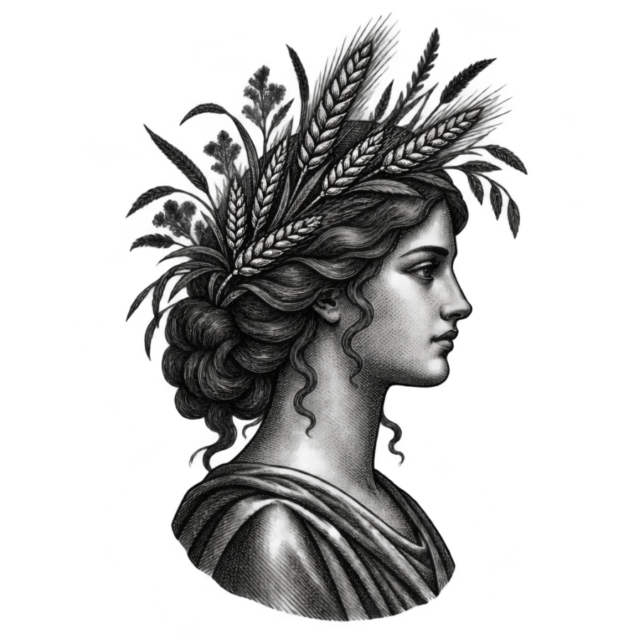 Engraved Virgo maiden tattoo wearing a crown of wheat ears