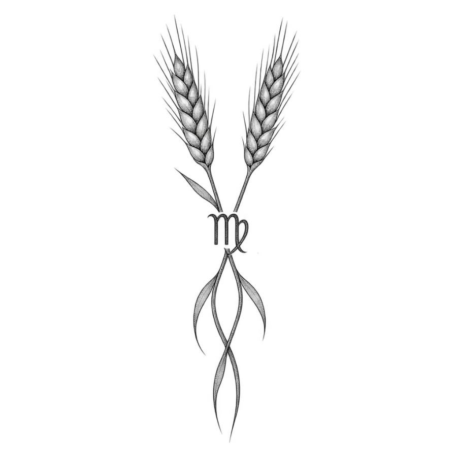 Fine line tattoo of crossed wheat stalks with the Virgo glyph between them