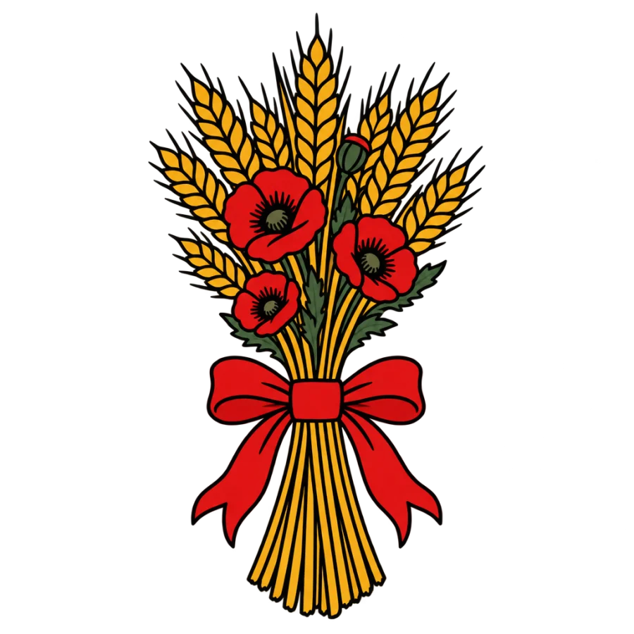 American traditional tattoo of a bound wheat sheaf with ribbon and poppies
