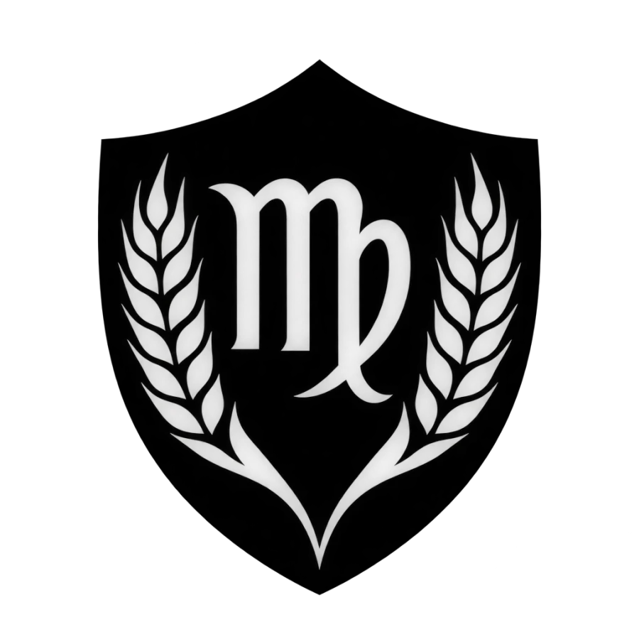 Blackwork tattoo shield with the Virgo glyph and wheat in negative space