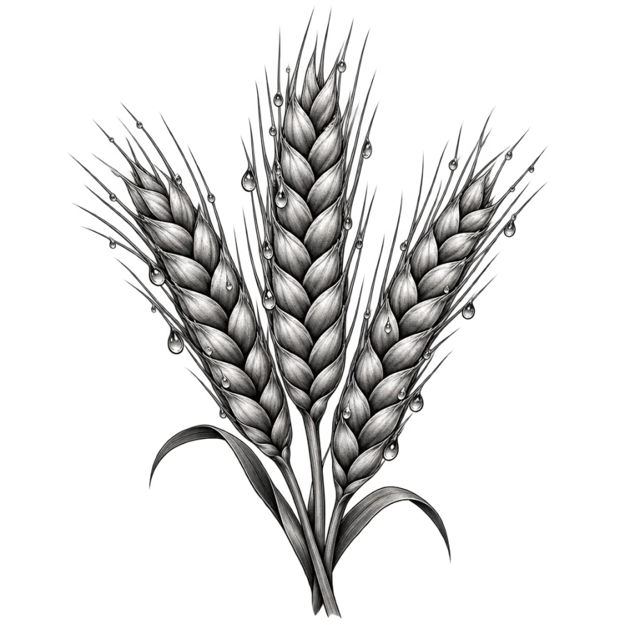 Black and grey realism tattoo of three dew covered wheat ears close up