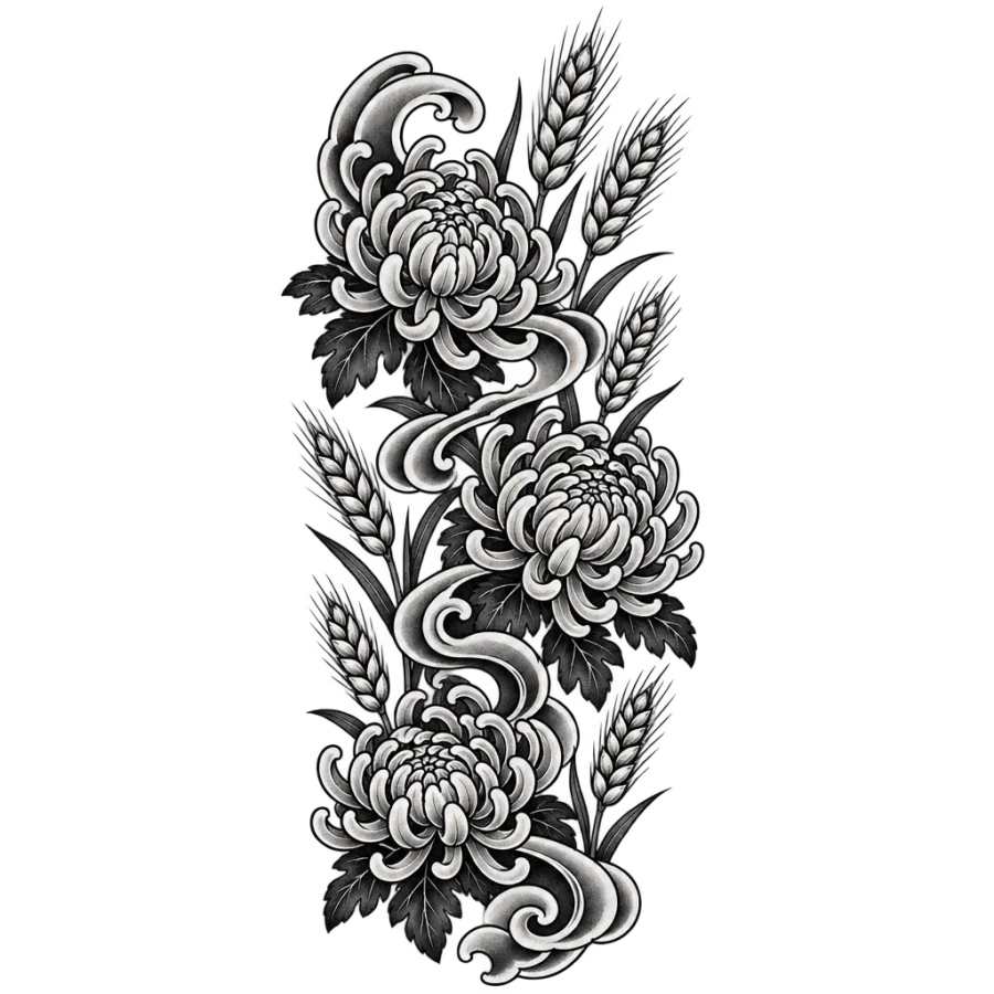 Japanese irezumi tattoo panel of chrysanthemums and wheat with wind bars