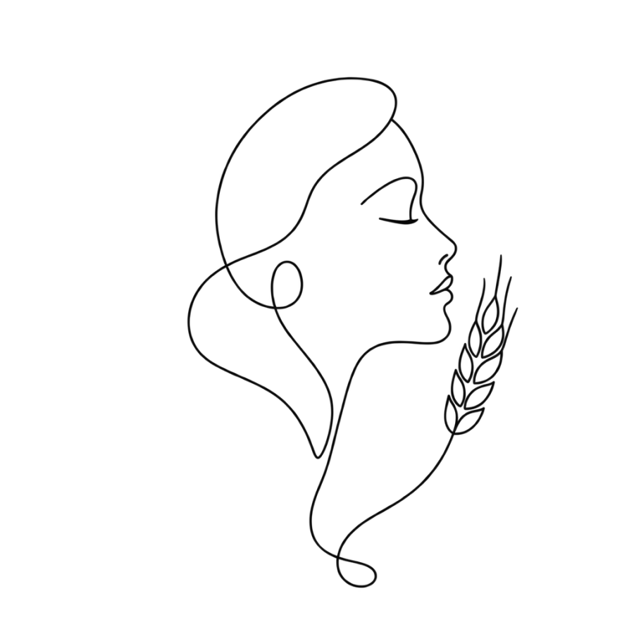 Minimalist single line tattoo of a maiden profile with a wheat ear
