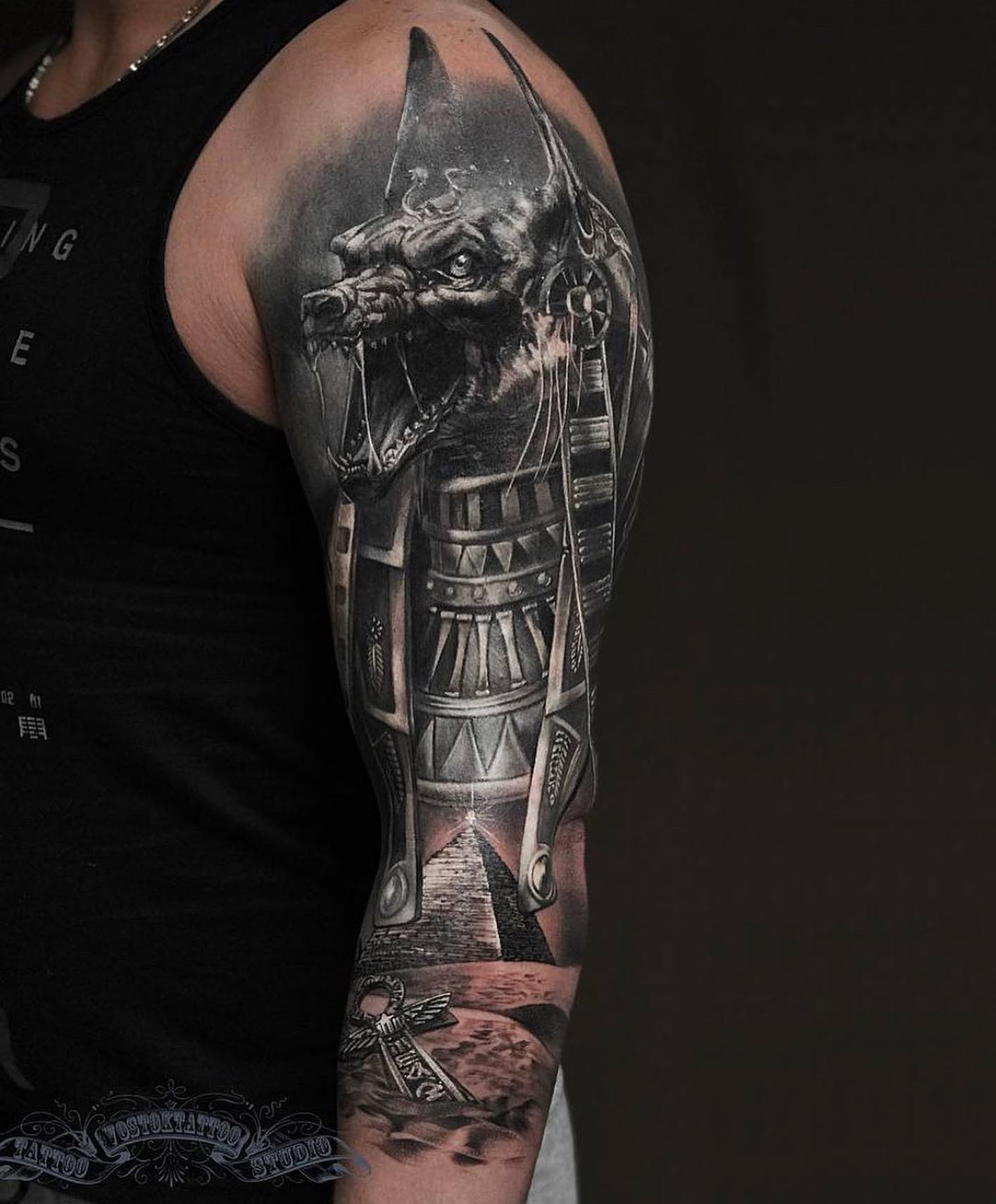 Splendid Anubis tattoo on sleeve.